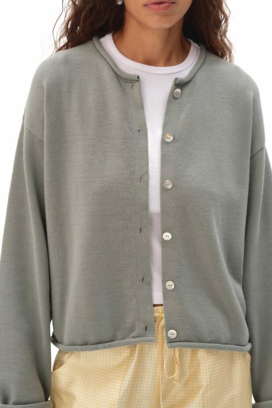 NEW DONNI. cotton knit roll cardigan in sage - Picture 5 of 7